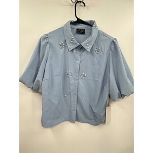 Milk + Honey Large Blouse Womens Light‎ Blue Pearl Rhinestone Puff Sleeve 40665T